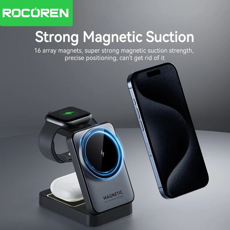 Rocoren Folding 3 in 1 Wireless Charging Stand Portable Magnetic Fast charging Station Dock For iPhone 15 14 13 Watch Headphones