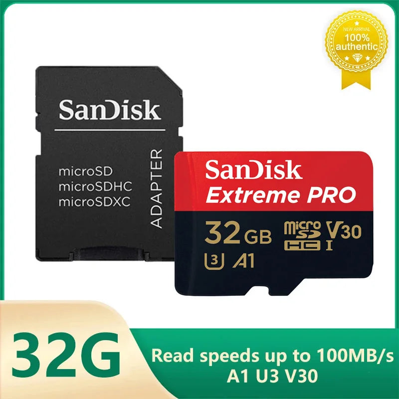 SanDisk V30 Micro SD Extreme PRO 32GB memory card with adapter, 100MB/s read speed, A1 U3 V30 class for 4K video and high-speed performance.