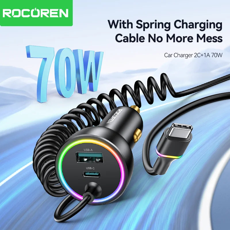 Rocoren 70W USB Type C Car Charger With Spring Cable Fast Charging Type-C USBC Car Quick Charger Adapter For iPhone 16 15 Xiaomi