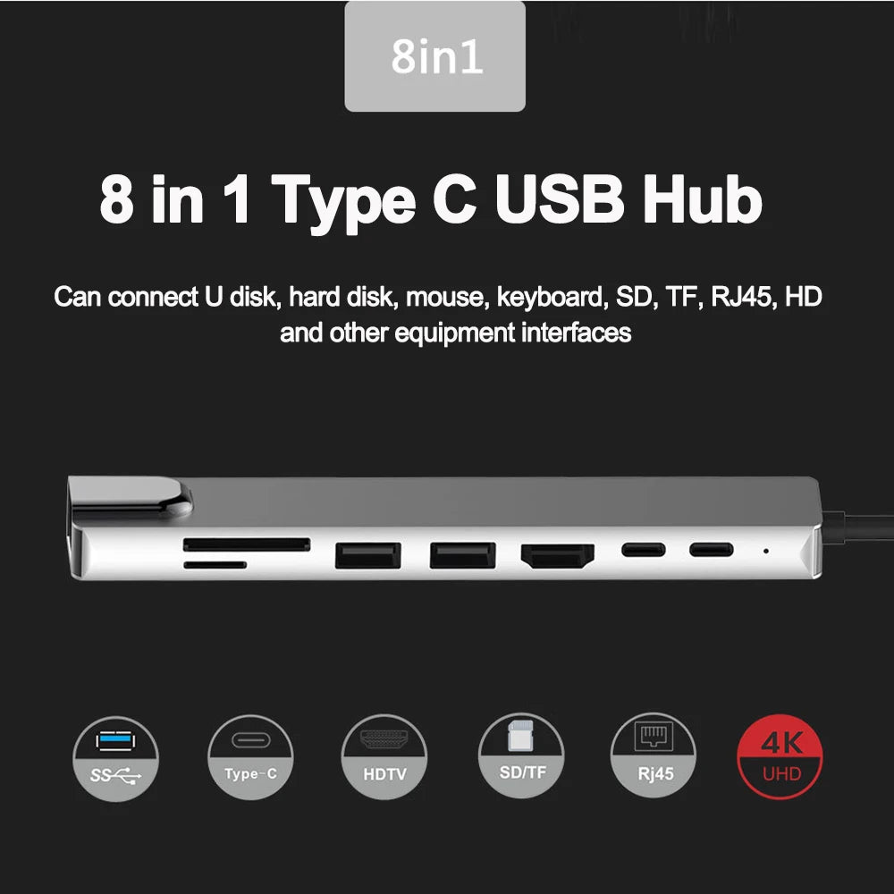 8in1 USB C HUB Type C Splitter 4K Thunderbolt 3 Docking Station Laptop Adapter For Macbook Air M1 iPad Pro RJ45 HDMI-compatible