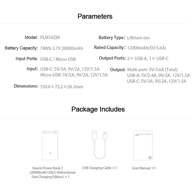 XIAOMI Power Bank 3 20000mAh USB-C 18W portable charger with triple output and fast two-way charging.