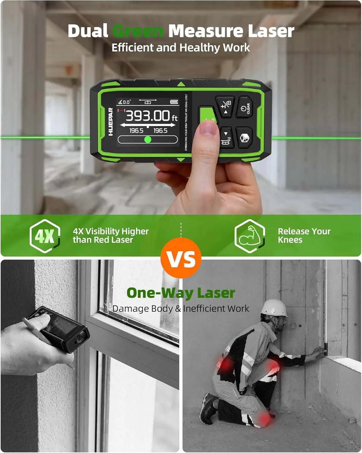 Huepar Dual Laser Measuring Tool - 393Ft Green-Beam Bilateral Digital Laser Distance Measure with Backlit LCD Display