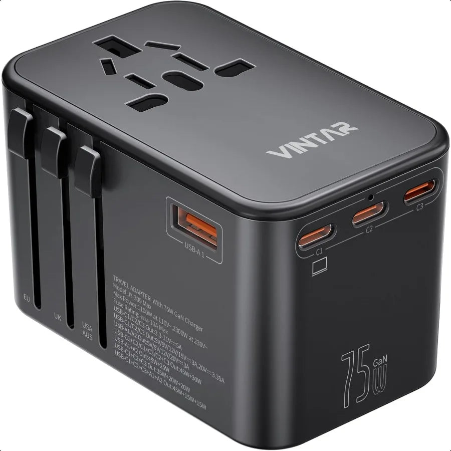 Compact black universal travel adapter with 75W GaN charger, 3 USB-C PD ports, 2 USB-A QC ports, and multiple international plug options.