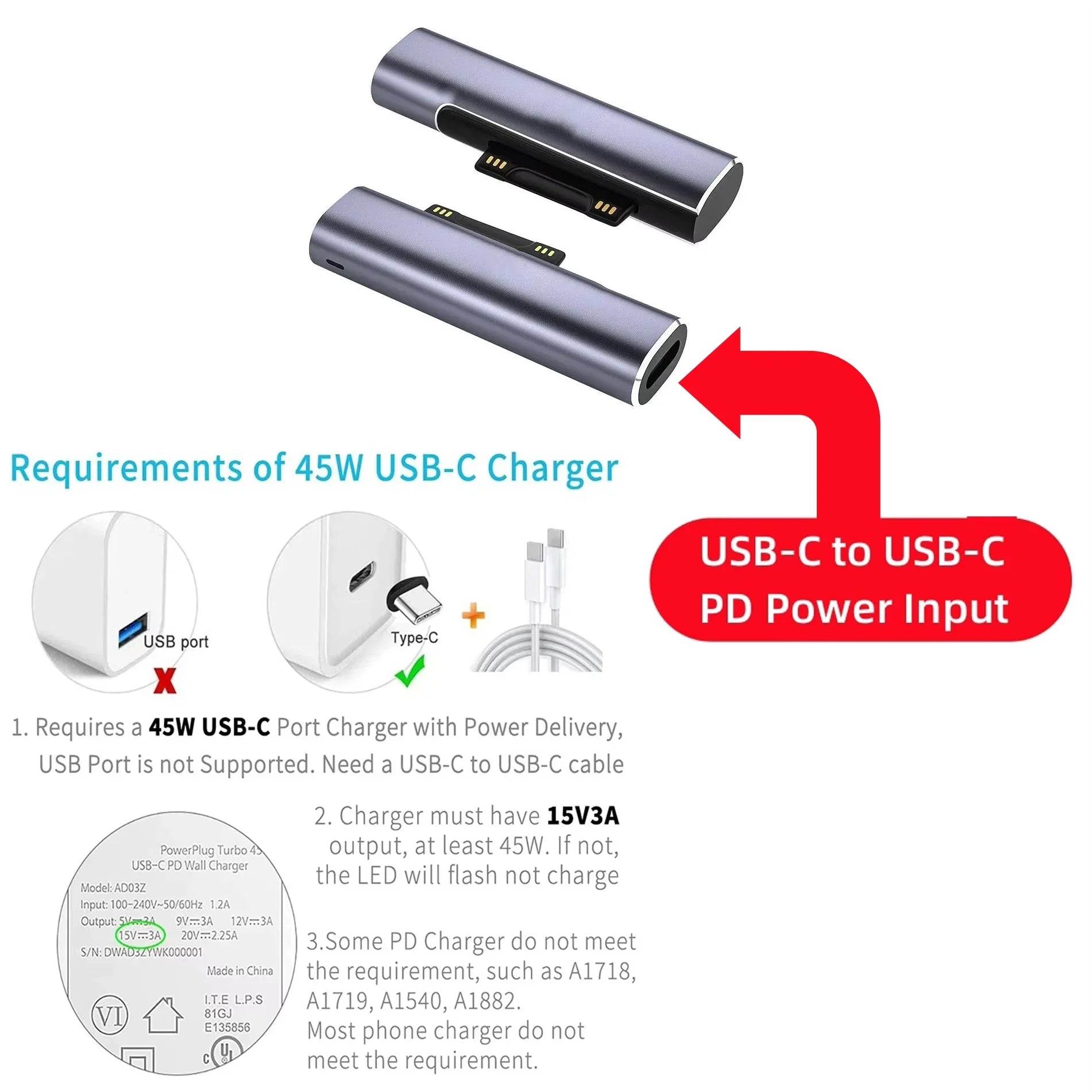 USB C PD 102W GaN Charger Converter 15V 3A Charging Adapter Compatible With Surface Pro X/7/6/5/4/3 Surface Laptop Book Go 1 2 3