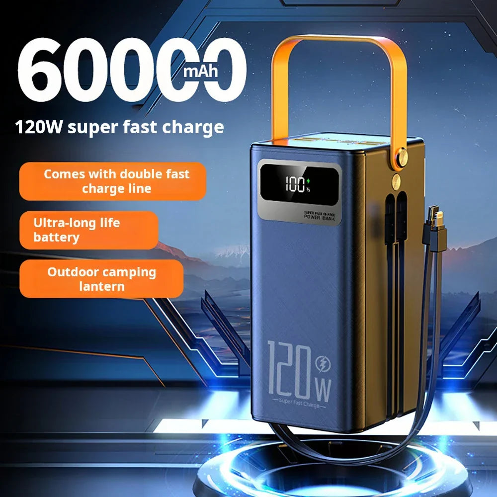60000mAh portable power bank with 120W fast charging and outdoor camping lantern features