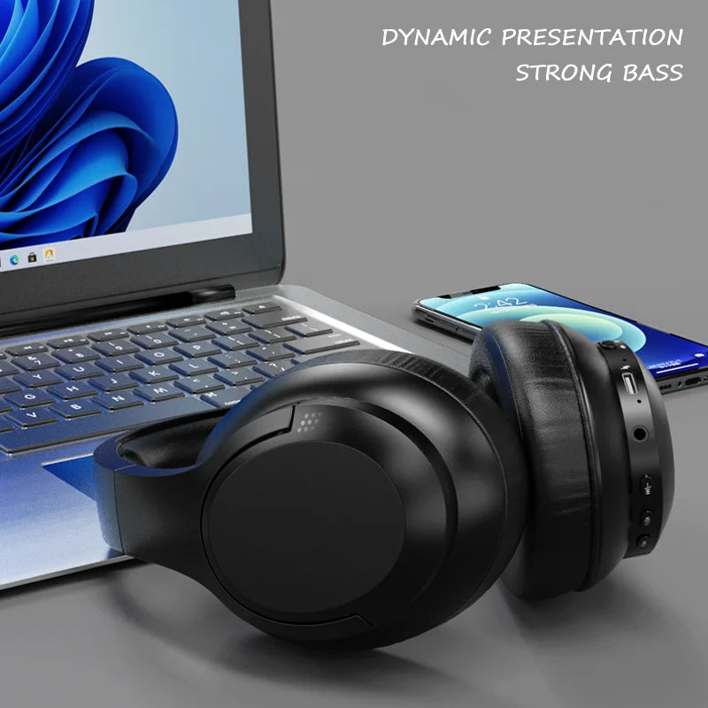 Black LDON L839 Bluetooth 5.3 foldable wireless headphones with mic near laptop and smartphone
