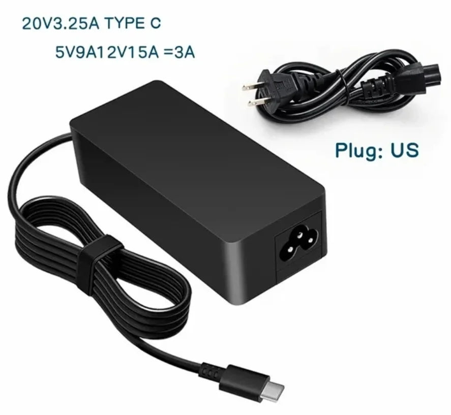65W USB-C laptop charger with US plug for Lenovo ThinkPad and Thinkbook models, black power adapter with USB Type-C output