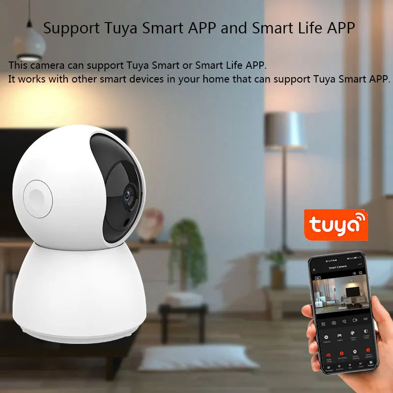 Tuya WiFi Camera supports Tuya Smart and Smart Life apps for seamless indoor monitoring and integration with smart home devices.