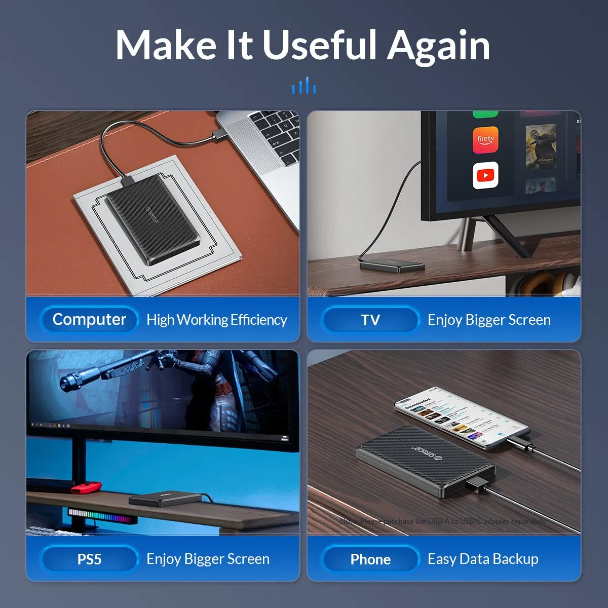 ORICO Mrico-B 2.5 Inch Hard Drive Case SATA to USB3.0 5Gbps & 6Gbps External HDD Enclosure for PC Computer PS5