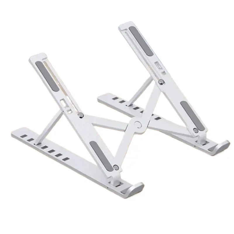 Foldable adjustable aluminum alloy laptop stand with non-slip silicone pads and innovative triangle design for stable support and cooling.