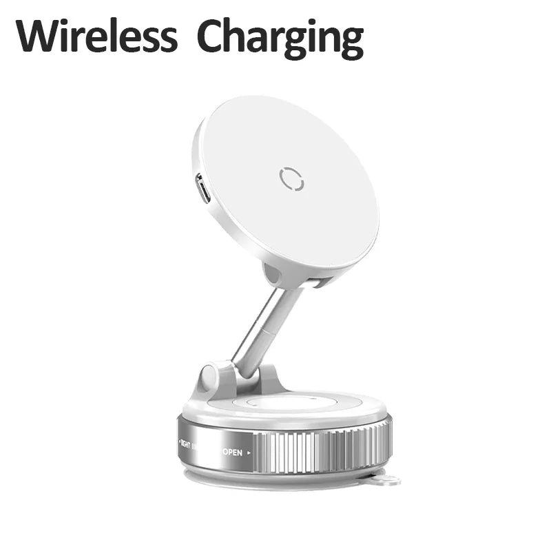 White 360° magnetic wireless car charger for iPhone 12-16. Features adjustable arm and suction base for secure mounting and charging.