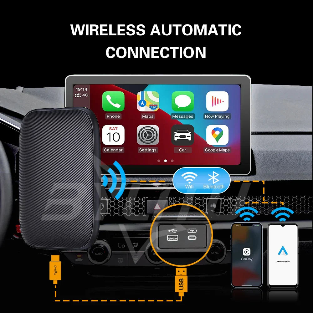 BYLITU Android Ai Box wireless CarPlay and Android Auto adapter for car multimedia player with USB plug and play connectivity.
