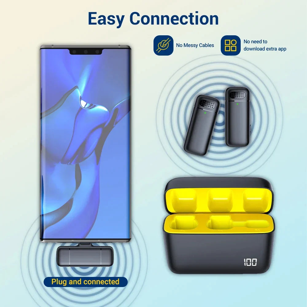 Wireless Stereo Lavalier Microphone with mini charging case showing easy wireless connection to smartphone for live interviews and noise cancelling.