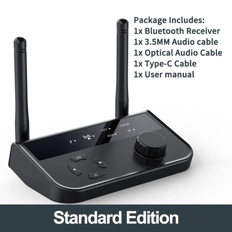 VAORLO 3D Stereo Bluetooth 5.3 audio receiver with dual antennas, optical/coaxial/3.5mm AUX output, wireless adapter for car speaker and home audio systems