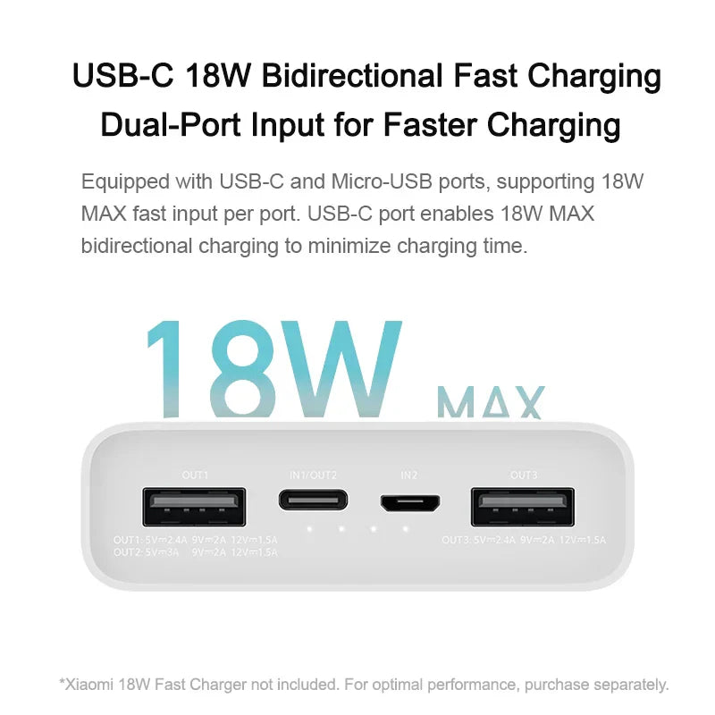 XIAOMI Power Bank 3 20000mAh with USB-C 18W bidirectional fast charging and triple output ports