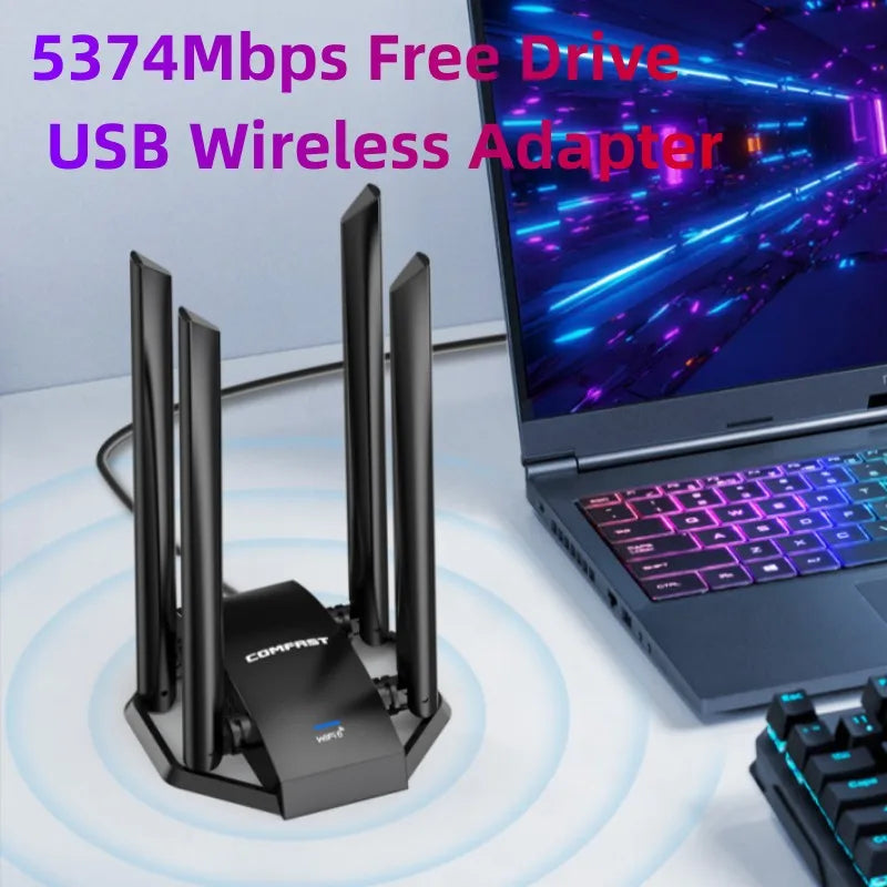 Comfast BE6500 USB WiFi 6 AX5400 dual-band wireless adapter with four antennas for high-speed internet on Windows 10/11 laptops and desktops