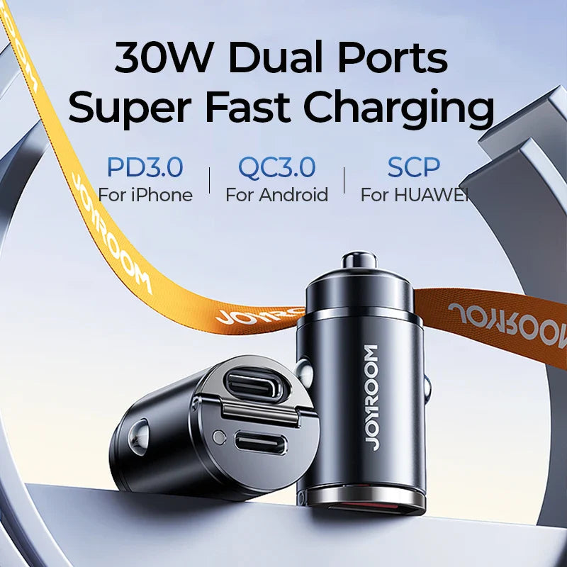Joyroom Dual Ports Car Charger 30W Pull Ring USB Type-C Super Fast Charging Car Phone Charger Car Charging Accessories PD QC