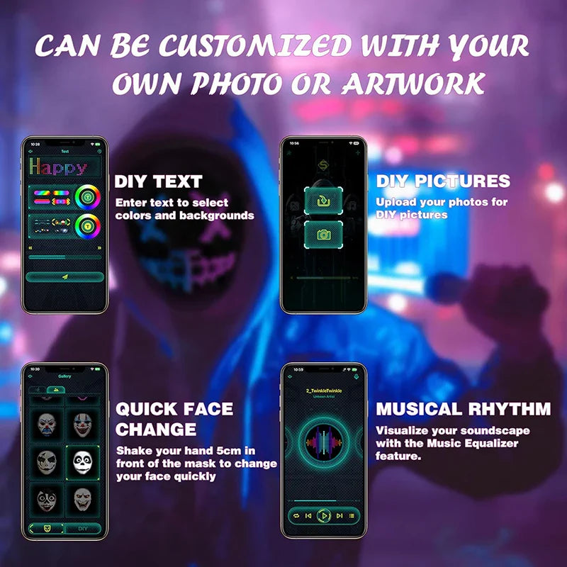 Led Mask with Bluetooth App Control Programmable Face Transforming Light up Halloween Led Mask