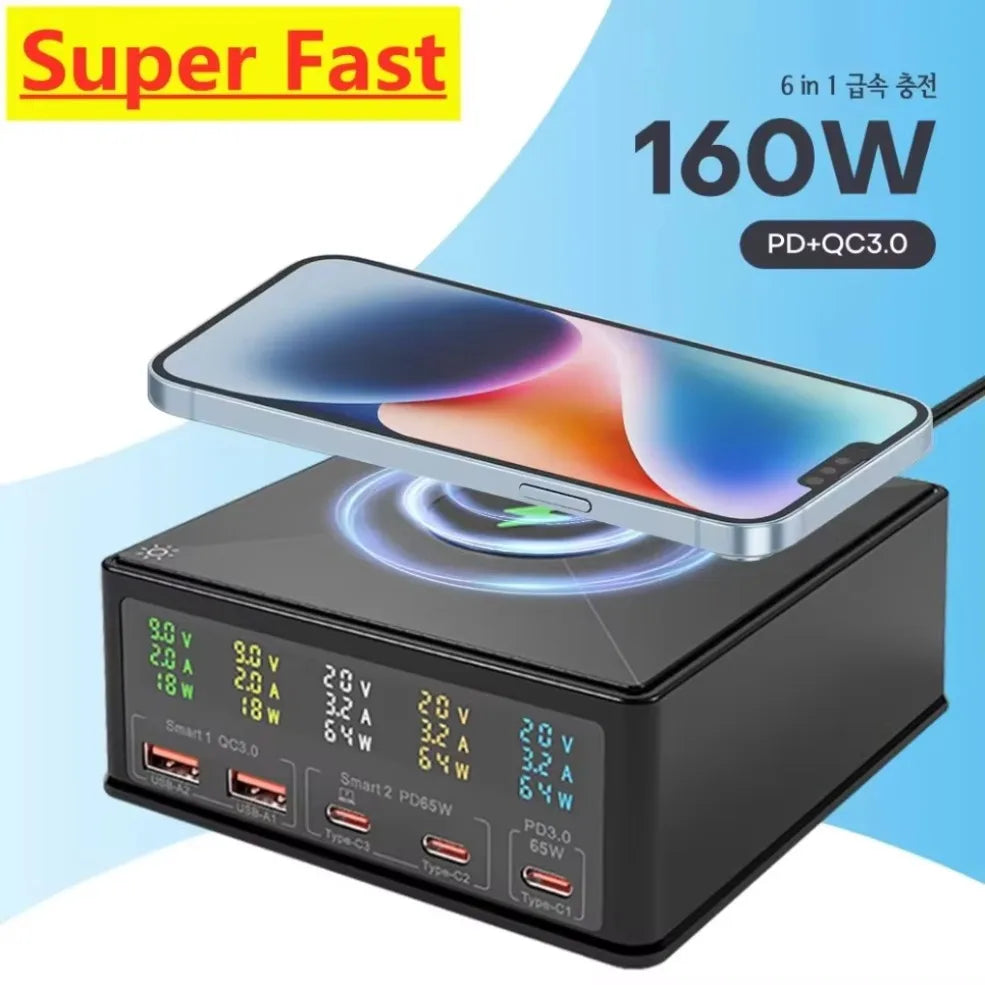 160W multi ports GaN USB charger station with wireless charging and digital display for fast phone charging