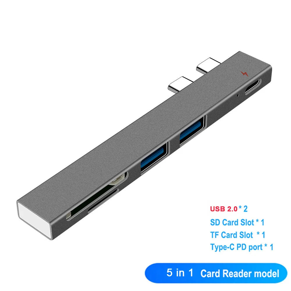 5-in-1 USB C Hub Adapter for MacBook Pro in space gray with SD, TF card slots, USB 2.0 ports, and Type-C PD port. Card reader model.