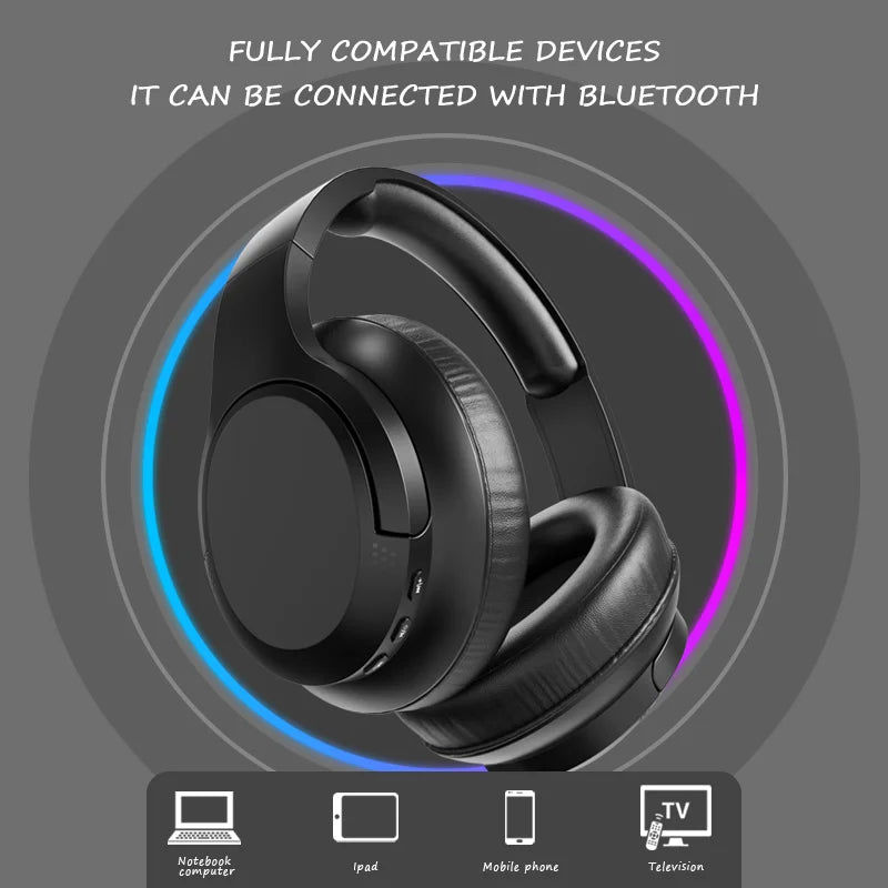 Black foldable Bluetooth 5.3 earphones with cushioned over-ear design and built-in mic for gaming and sports use