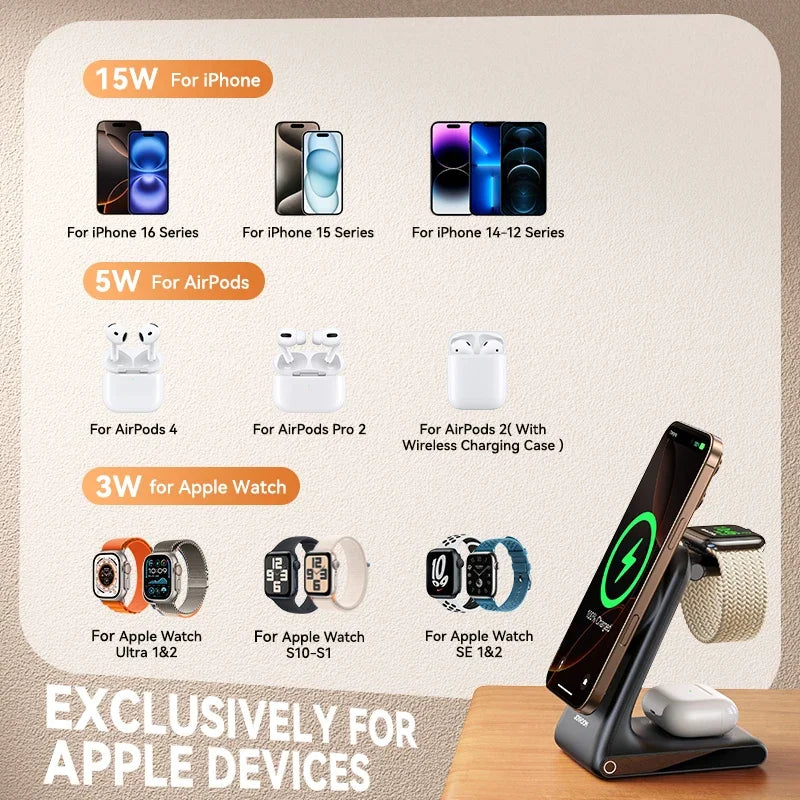 Joyroom 3-in-1 Magnetic Wireless Charging Station Wireless Phone Charger Stand for iPhone 16 15 14 13 12 for iWatch for AirPods
