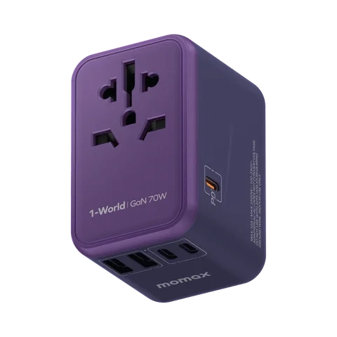 Momax 1-World UA8AU 70W USB PD fast charger travel adapter with UK EU AU US plugs purple