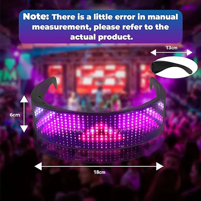 Bluetooth LED Glasses Party Wear with size dimensions shown, ideal for concerts and events with vibrant RGB lighting effects.