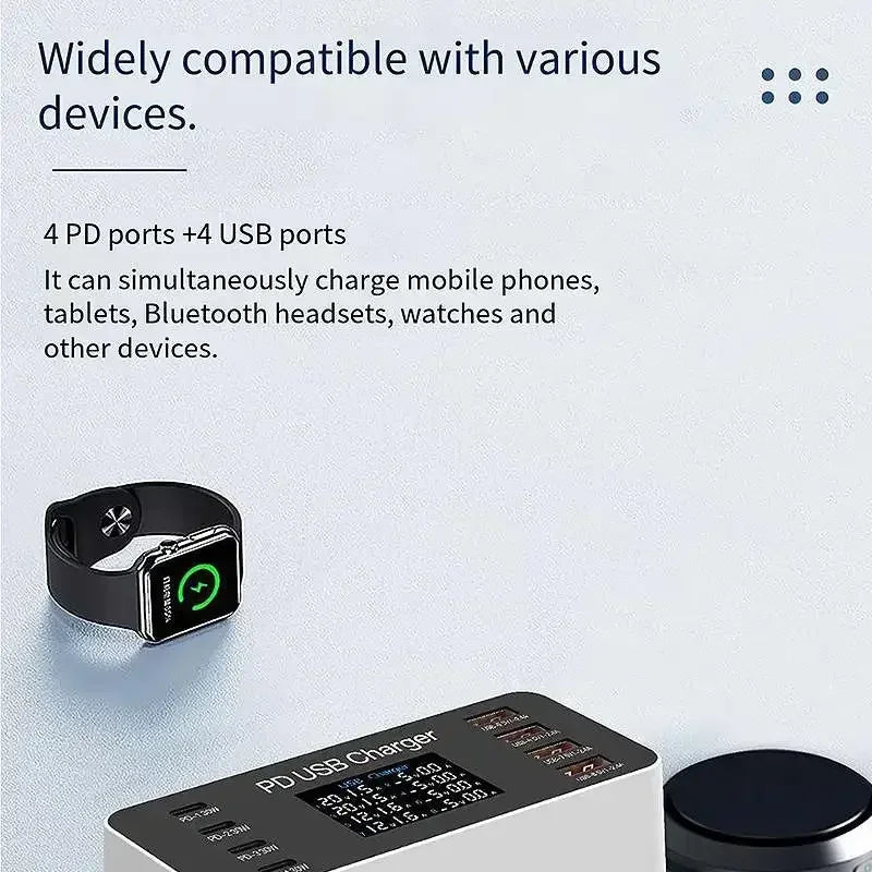 A9 65W 8-Port USB PD Charger 4USB-A+4USB-C PD Fast Charging Desktop Charging Station EU Plug US Plug with 1.2M Long AC Cable