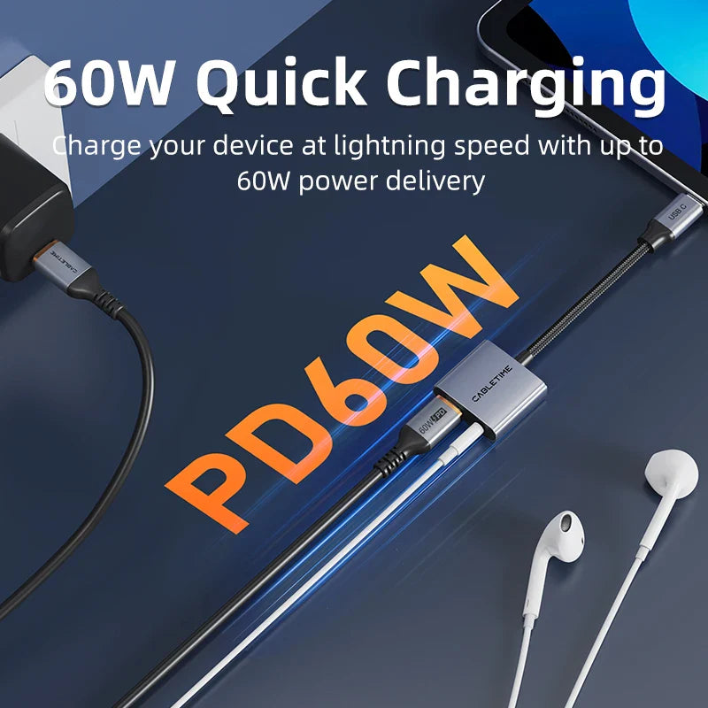 CABLETIME USB C to 3.5mm Audio hub Adapter USB C Headphone Charger 2-in-1 PD 60W Fast Charger Adapter Hi-Fi for IPhone Xiaomi