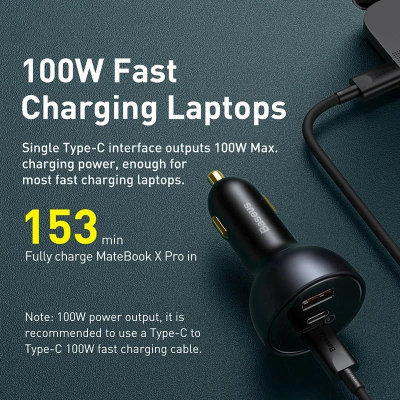 Baseus 160W car charger with dual USB Type-C ports fast charging laptops and phones