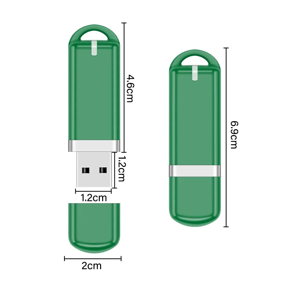 Green JASTER 64GB USB Flash Drive with USB 2.0, showing detailed dimensions for compact and portable business gift use.