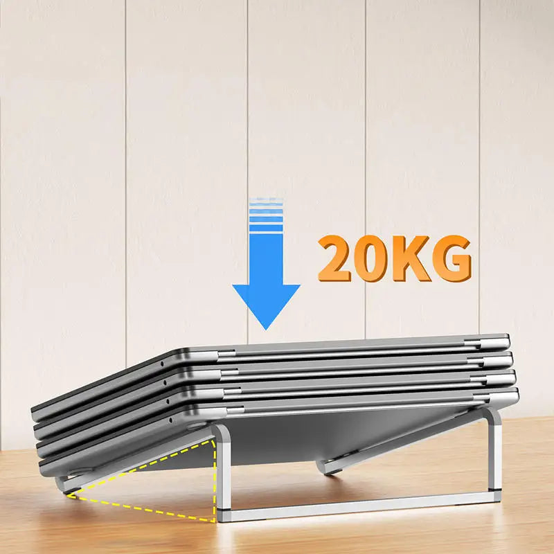 Foldable aluminum alloy laptop stand supporting up to 20kg with stable triangle design and non-slip silicone pads