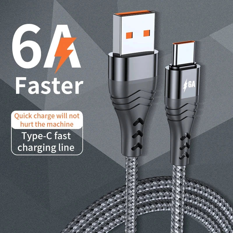 66W USB Type-C Data Cable 6A Super Fast Charging Cable Suitable for iphone 15 Huawei Oppo Xiaomi Vivo Braided Charging Cable