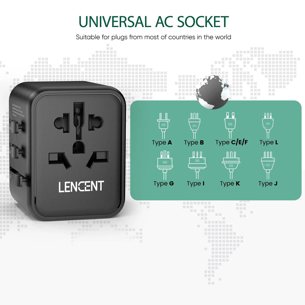 LENCENT universal travel adapter with 2 USB ports and multiple plug types for international use