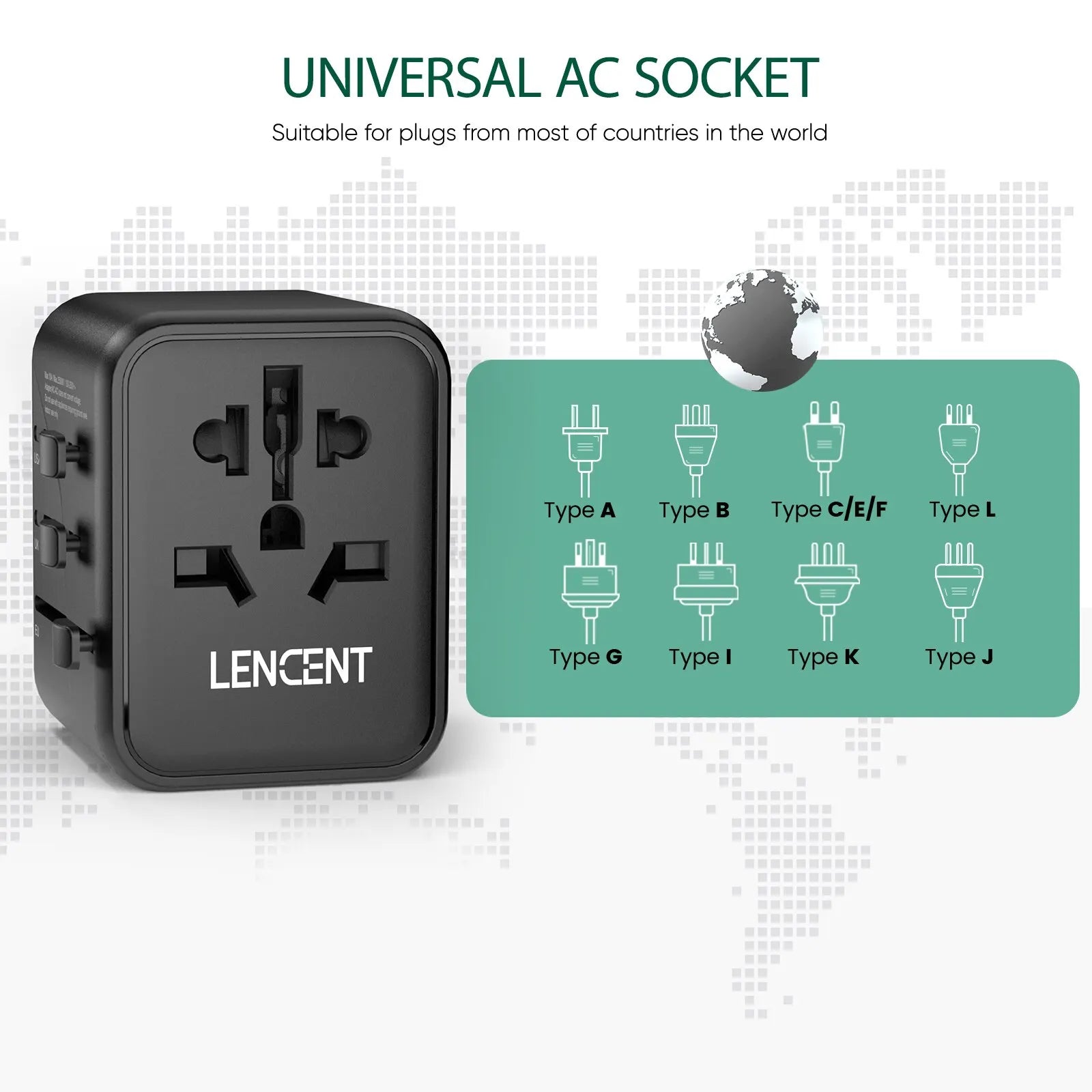 LENCENT universal travel adapter with 2 USB ports and multiple plug types for international use