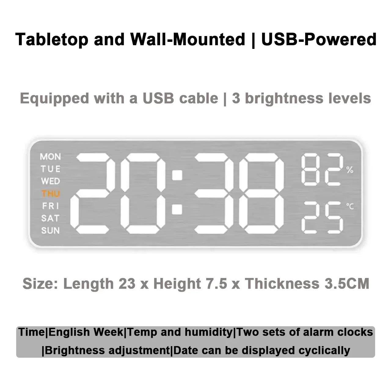 Contemporary digital wall clock with USB power and humidity display, perfect for modern home or office environments.