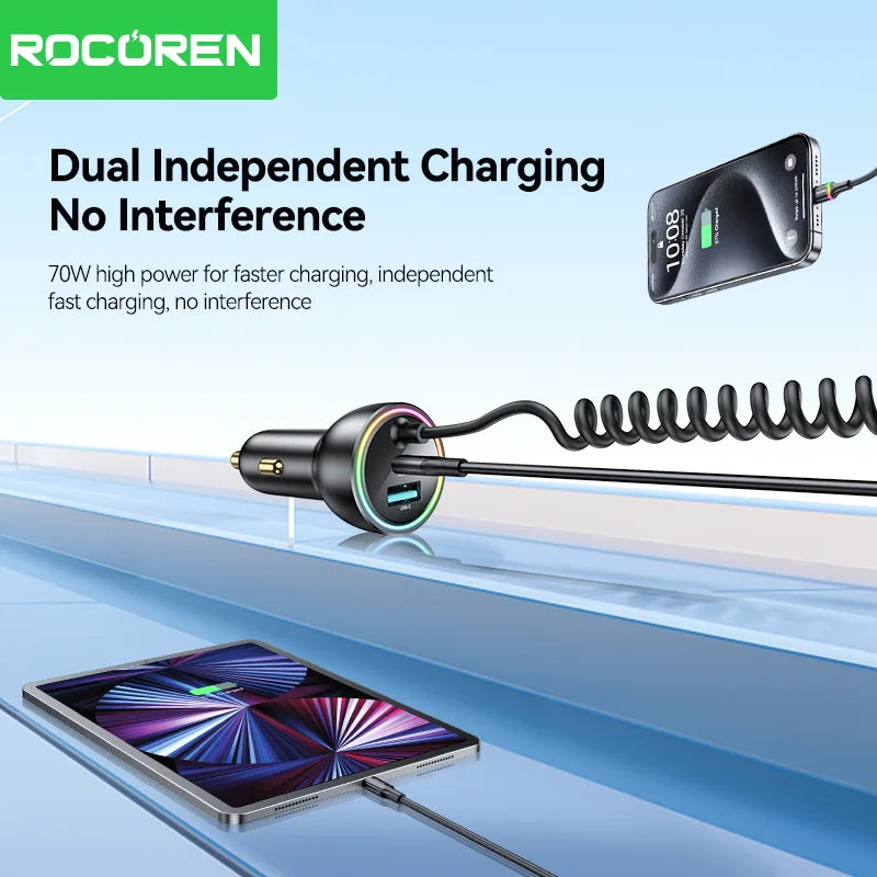 Rocoren 70W USB Type C Car Charger With Spring Cable Fast Charging Type-C USBC Car Quick Charger Adapter For iPhone 16 15 Xiaomi