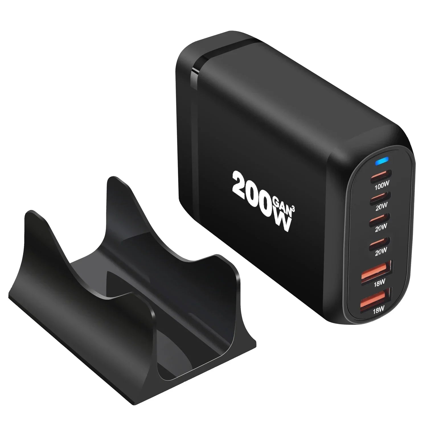 200W GaN desktop charger with 6 USB Type C ports fast charging black compact design