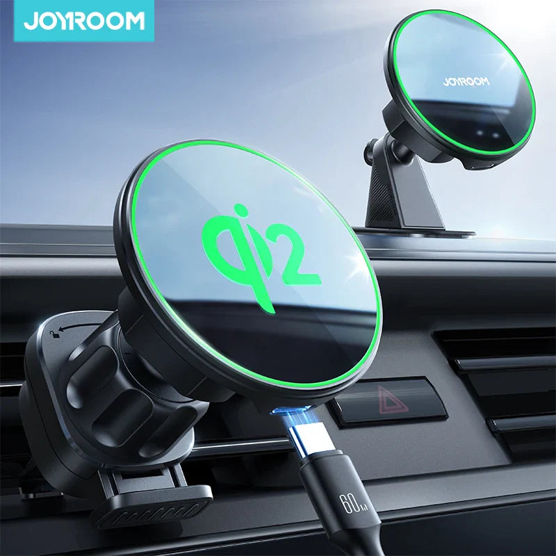 Joyroom Qi2 Magnetic Car Phone Holder mounted in car vent with charging cable connected.
