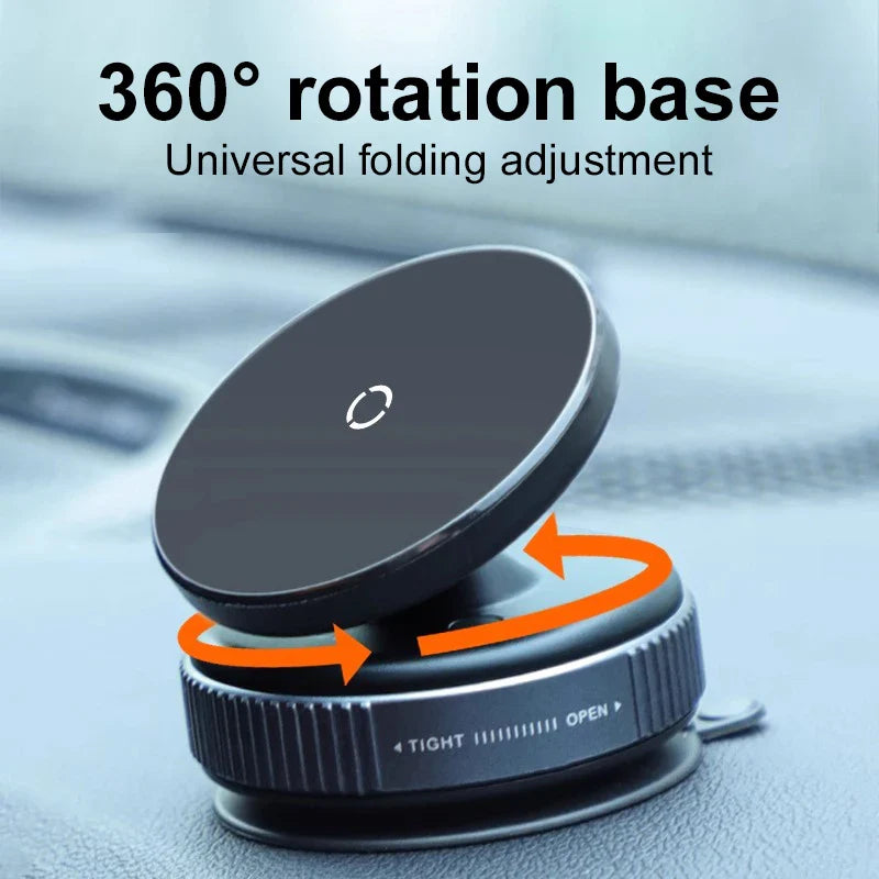 Magsafe Car Phone Holder with 360° rotation base and universal folding adjustment for secure dashboard mounting.