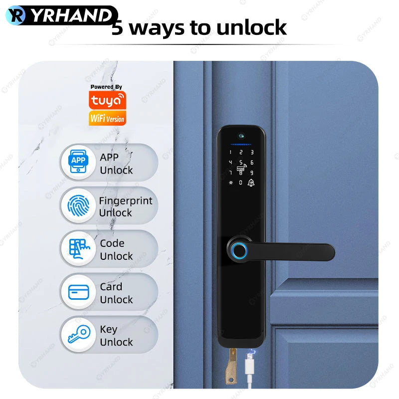 Tuya Wifi Smart Door Lock Electronic Digital Lock with Biometric Fingerprint Camera Smart Card Password Key Unlock Feature