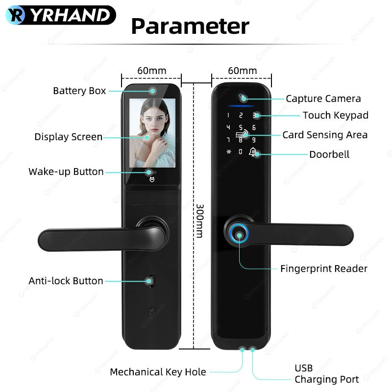 Tuya Wifi Smart Door Lock Electronic Digital Lock with Biometric Fingerprint Camera Smart Card Password Key Unlock Feature