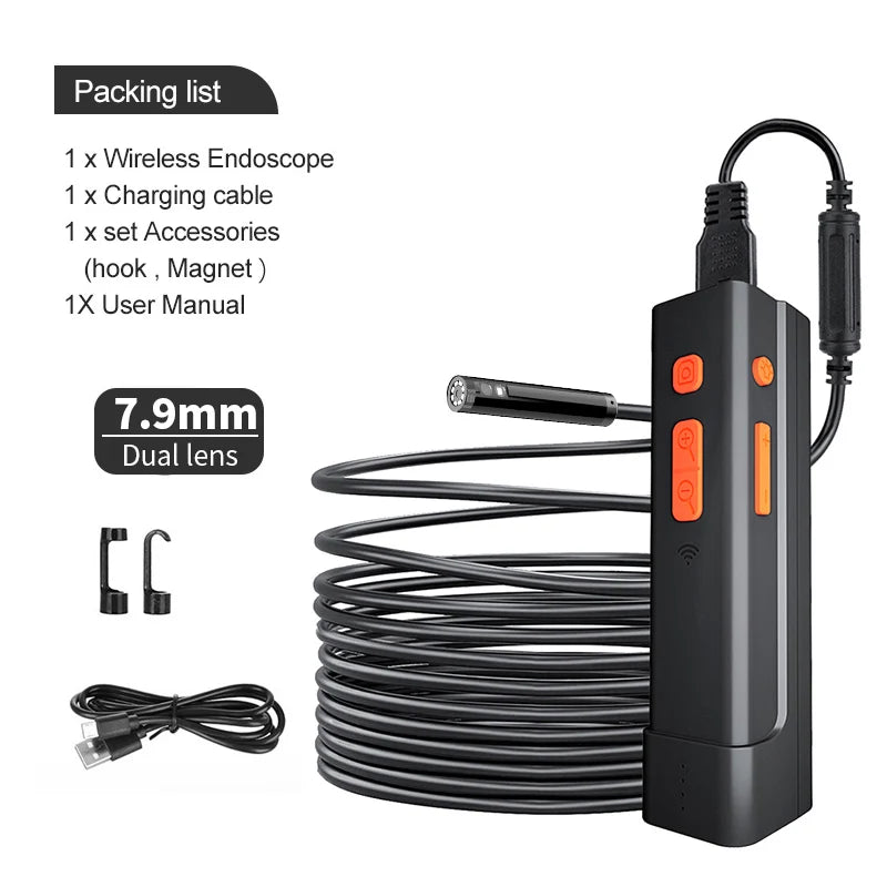 Wireless endoscope with 7.9mm dual lens, charging cable, hook and magnet accessories for automotive inspection and flexible WiFi borescope camera compatible with Android and iOS.
