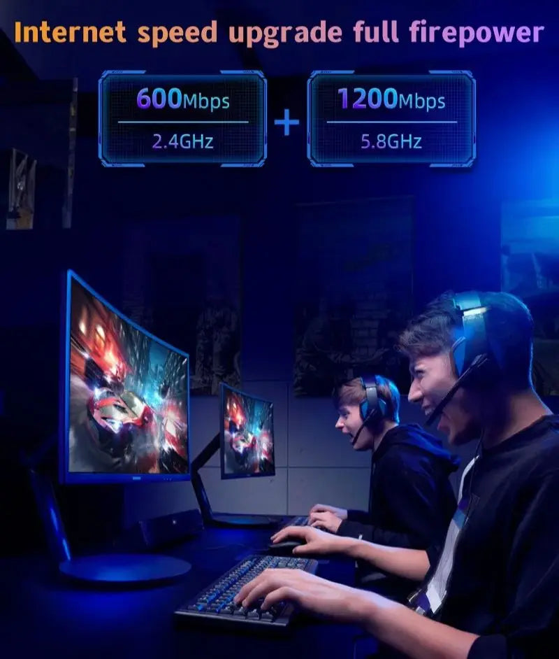 Comfast BE6500 WiFi 6 USB Adapter with 2.4GHz 600Mbps and 5.8GHz 1200Mbps dual-band wireless network card for Windows PC gaming.