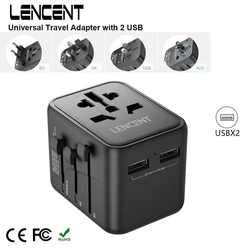 LENCENT universal travel adapter with 2 USB ports compatible with EU UK USA AUS plugs for international travel charging