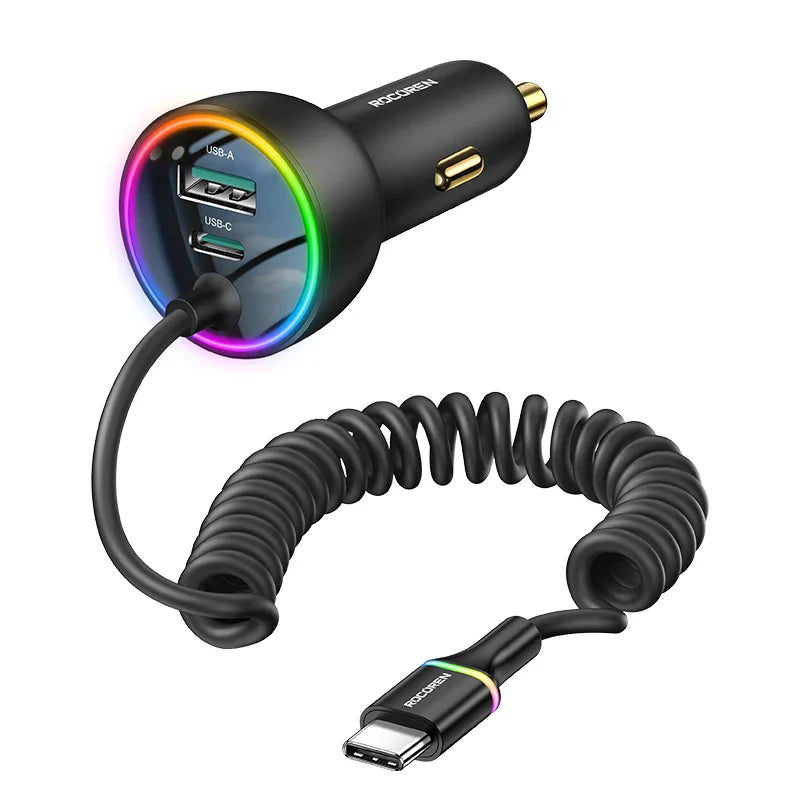 Rocoren 70W USB Type C Car Charger With Spring Cable Fast Charging Type-C USBC Car Quick Charger Adapter For iPhone 16 15 Xiaomi
