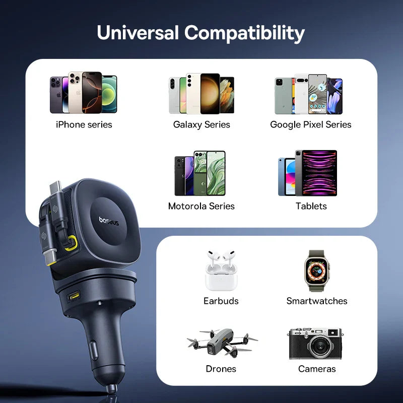 Baseus Car Charger with 4 ports and dual retractable cables, compatible with iPhone, Galaxy, Google Pixel, Motorola, tablets, earbuds, smartwatches, drones, and cameras, fast charging USB Type-C car charger.