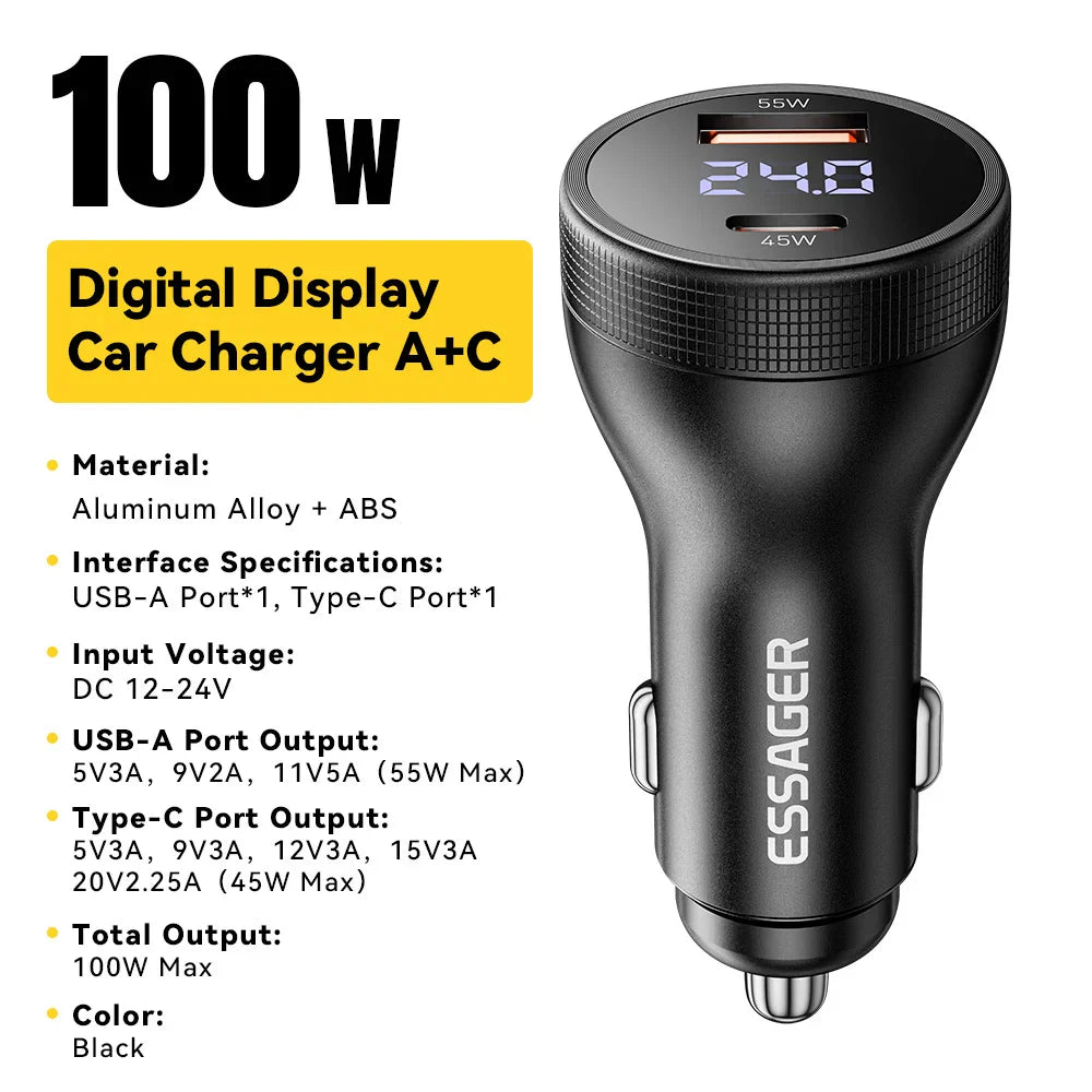 Essager 100W USB C car charger with digital display and dual USB ports, fast charging adapter in black