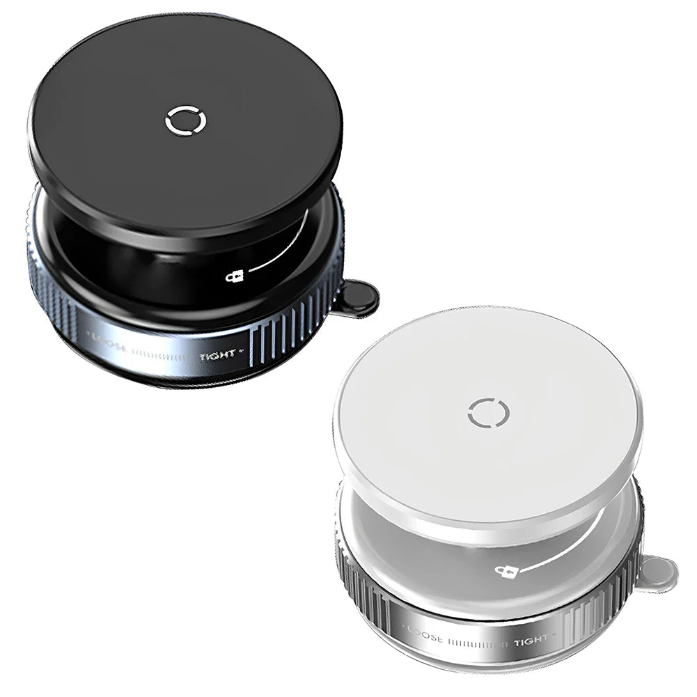 Black and white Magsafe Car Phone Holders with magnetic mount and vacuum lock base for versatile phone support.